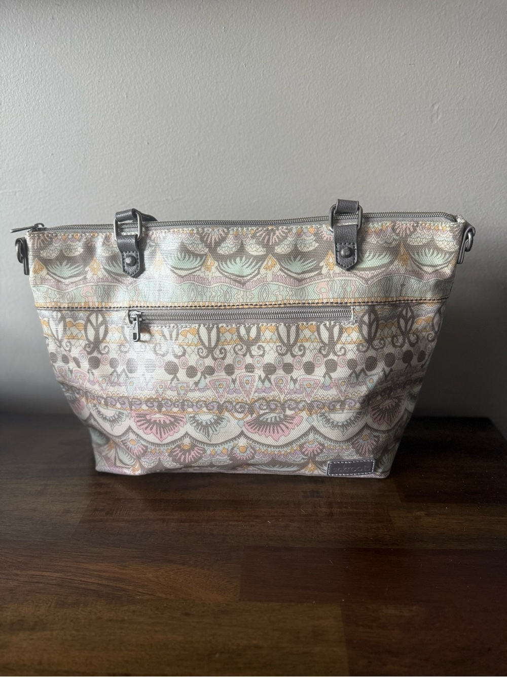 Sakroots Metro Floral Large City Satchel/Tote Bag Coated Canvas Gray Beige Boho
